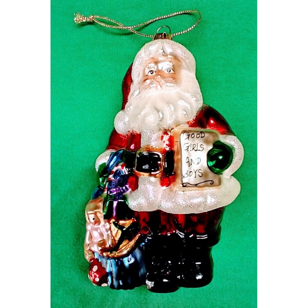 Christmas Santa List Good Girls Boys Sack of Toys Vintage Glass Ornament